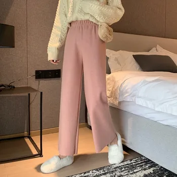 Širokú nohu nohavice pre ženy 2020 Jeseň zima streetwear ženy kórejský štýl, módne ružová vysoký pás voľné zosilnené vlnené nohavice