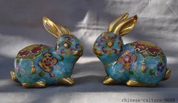 Vianočné Čínske Feng Shui bronz Cloisonne Pozlátené 12 Zverokruhu rok zvierat králik socha pár halloween
