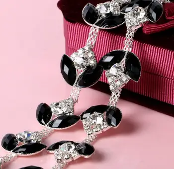 1 Yard Strieborné Pozlátené Diamond Kamienkami + Čierne Oko Kryštály Páse S Nástrojmi Výbava Čipky Pre Šitie Svadobných Šiat Prom Oblečenie Craft