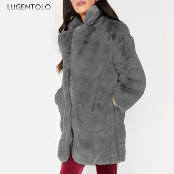 Lugentolo Umelú Kožušinu Ženy Kabát Na Jeseň V Zime Teplé Luxusné Plyšové Dlhá Srsť Dámy Bežné Klope Plus Veľkosť Coats