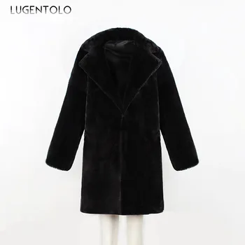 Lugentolo Umelú Kožušinu Ženy Kabát Na Jeseň V Zime Teplé Luxusné Plyšové Dlhá Srsť Dámy Bežné Klope Plus Veľkosť Coats