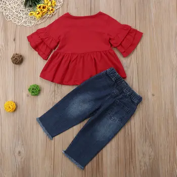 Batoľa, Dieťa, Dieťa Dievča Volánikmi Sleeve T-shirt Topy+Svetlice Denim Džínsy, Nohavice Otvor Oblečenie Set Oblečenia