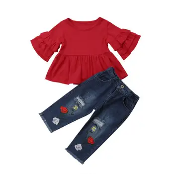 Batoľa, Dieťa, Dieťa Dievča Volánikmi Sleeve T-shirt Topy+Svetlice Denim Džínsy, Nohavice Otvor Oblečenie Set Oblečenia