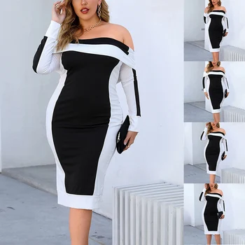 Nové Trendy Čierne Elegantné Plus Veľkosť Oblečenie Mimo Ramenný Colorblock Sexy Príliš Dlhý Rukáv Ženy Office Bodycon Midi Šaty