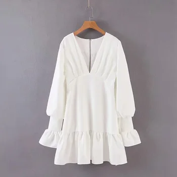 Vintage White Ženy Šaty 2020 Nové Autummer V Krku Svetlice Rukáv Volánikmi Vysoký Pás Riadok Dovolenku Ženské Party Šaty Vestidos