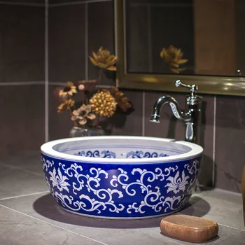 Kolo Kúpeľňa Počítadlo Top Umývadlo Šatňa Ručne Maľované Nádoby Umývadlo, kúpeľňa umývadlo čína umývadlo modrá biele