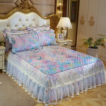 Kórejský Princezná Čipky Prešívané Prikrývky Pribrala prehoz cez posteľ Bedskirt Vytlačené Kvetinový Vybavené List s Vankúše 3ks