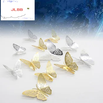 12pcs Zlato/Striebro 3D Hollow Motýľ Stenu, Nálepky, pre Domáce dekorácie izby Motýle na stenu Svadobné Dekor Chladnička nálepky