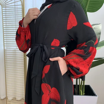 Kvetinový Vytlačené Abaya Moslimských Žien Otvoriť Kimono Strana Večer Lístkového Rukáv, Dlhé Šaty Kaftan Maxi Šaty, Šaty Cardigan Na Blízkom Východe