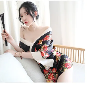 Japonské Kimono Ženy Sexy Exotické Bielizeň Nastaví Tlač Polovičný Rukáv Hlboké V-neck Kawaii Vianočné Bielizeň, Župan Krátky Župan Hot