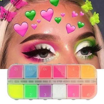 12-Farebný Fosfor Non-jedovaté Umývateľný Dievčatá make-up Fluorescenčné Matný Neon Tieni Pigment Prášok Halloween Dekorácie Tieni Palety