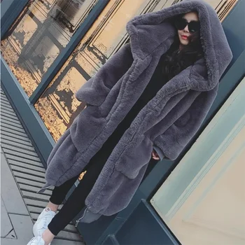 Nadrozmerné Zime Teplé Kapucňou X-Dlhé Umelú Kožušinu Kabát 2020 Bežné Dlhý Rukáv Ženy Kožušiny Bunda Outwear