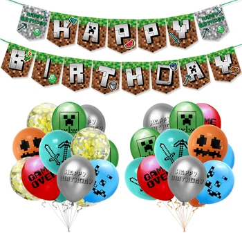 Zelená Cartoon Bannery Hra Rukoväť Radič Bunting Happy Birthday Baby Sprcha Hre Pixel Party Dekorácie