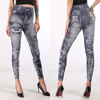 2020 Ženy Imitácia Núdzi Denim Jeans sú Legíny Bežné Vysoký Štíhly Pás Elastickej Ceruzkou Nohavice LGS21