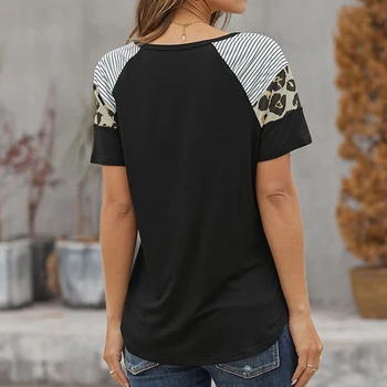 O Krk, Blúzky, Ženy Tričko Lete Bežné Krátky Rukáv Dámske Pruhované Leopard Tlač T-Shirt