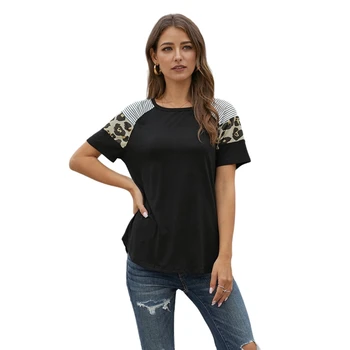 O Krk, Blúzky, Ženy Tričko Lete Bežné Krátky Rukáv Dámske Pruhované Leopard Tlač T-Shirt