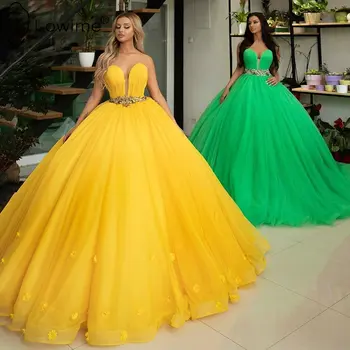 Formálne Šaty Žltej Opuchnuté Plesové Šaty, Večerné Šaty 2020 Milú Krku Korálky Kvety Tylu Party Šaty Vestidos De Soiree