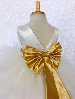 Vlastné Dlho Kvetina Dievča Šaty Opuchnuté Tylu Gold Ribbon Narodeninovej Party Šaty Deti Oblečenie Vianočné Šaty Sprievod Šaty 2-16Y