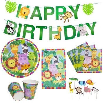 Jungle Zvierat Strany Happy Birthday Banner Safari Narodeniny, Party Dekorácie Deti Jednorázový Riad Papier Pohár Doska Tortu Vňaťou
