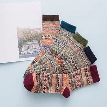 5Pair Ponožky Teplé Zimné Národnej Hrubé Prúžok Business Vlna Ponožka Bežné