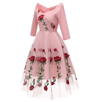 Vintage Rose Výšivky, Čipky Šaty Tvaru 3/4 Rukávy Zábal Vysoký Pás Big Swing Šaty Elegantné Retro Čierna Oka Strany Vestido