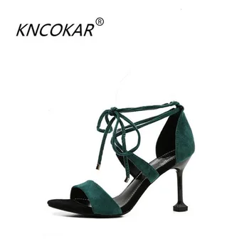 KNCOKAR 2018 stiletto sandále s stiletto podpätky a štýlové zábal okolo nohy s Rímsko-duté-out dámske topánky