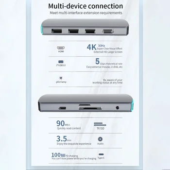 8 v 1 Typ-C až 4K HDMI Rozbočovač PD Plnenie TF Secure Digital Card Reader Adaptér Pre Notebooky, Notebook, Telefón