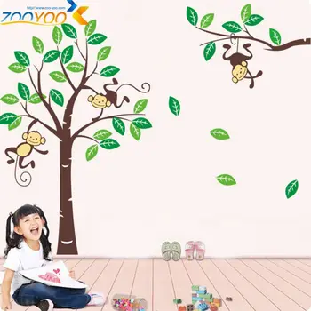 Roztomilý opice hranie na stromy samolepky na stenu pre deti izby ZooYoo1206 dekoratívne adesivo de parede vymeniteľné pvc, steny odtlačkový