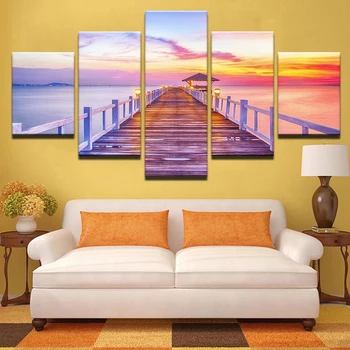 Maliarske plátno HD Tlač Domova Wall Art 5 Kusov Sunrise Drevený Most Seascape Obraz Slnka Jazero Obývacia Izba Plagát