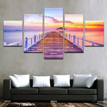 Maliarske plátno HD Tlač Domova Wall Art 5 Kusov Sunrise Drevený Most Seascape Obraz Slnka Jazero Obývacia Izba Plagát