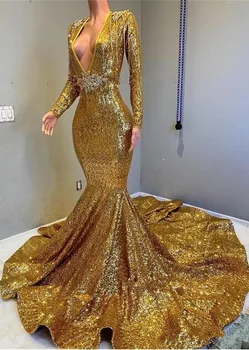 2019 Sexy Hlboko V Krku Zlatá Panna Prom Šaty, Dlhý Rukáv Otvorenie Späť Sequined Formálne Večerné Šaty prom šaty Iskrivý Sequin