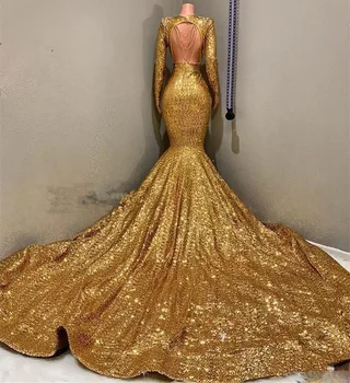 2019 Sexy Hlboko V Krku Zlatá Panna Prom Šaty, Dlhý Rukáv Otvorenie Späť Sequined Formálne Večerné Šaty prom šaty Iskrivý Sequin