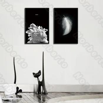 Abstraktný Obraz Plátno na Maľovanie na Stenu Minimalistický Biele Pierko Kvet a Čierne Pozadie pre Obývacia Izba, Spálňa Stenu Decorati