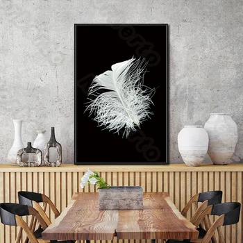 Abstraktný Obraz Plátno na Maľovanie na Stenu Minimalistický Biele Pierko Kvet a Čierne Pozadie pre Obývacia Izba, Spálňa Stenu Decorati