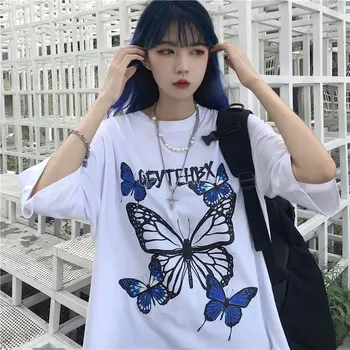 Bavlna krátky rukáv T-shirt dámske nové letné kórejský motýľ list tlač voľné kovanie študent, polovičný rukáv top plus móda