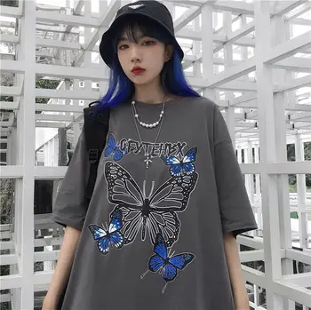 Bavlna krátky rukáv T-shirt dámske nové letné kórejský motýľ list tlač voľné kovanie študent, polovičný rukáv top plus móda