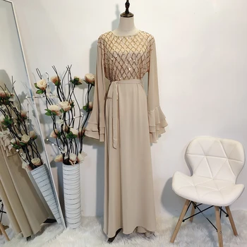 Plus Veľkosť Moslimských Party Šaty pre Ženy Jeseň 2020 Elegantné Sequin Vyšívané Maxi Šaty Bublina Šifón arabský Odev 5XL 4XL