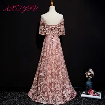 AXJFU Princezná milú, lištovanie perly ružovej čipky večerné šaty luxusné vintage rose volánikmi ružová riadok večerné šaty