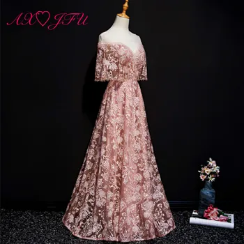AXJFU Princezná milú, lištovanie perly ružovej čipky večerné šaty luxusné vintage rose volánikmi ružová riadok večerné šaty