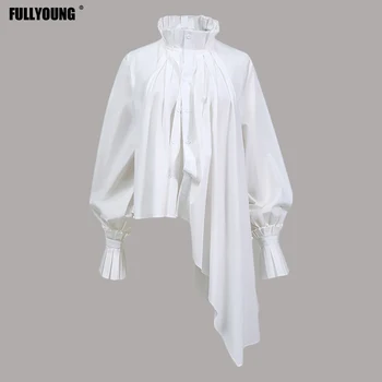 Fullyoung Jeseň Fashion Turtleneck Biele Tričko s Dlhým Rukávom Top francúzsky Oblečenie pre Ženy Nepravidelný Lístkového Rukáv Ulici Košele