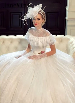 JaneVini Vintage Princezná Čipky Svadobné Šaty Plesové Šaty 2020 Vysoká Krku Spp Rukávmi Hrad Svadobné Šaty Dĺžka Podlahy Zákazku