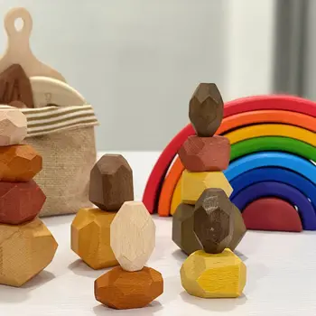 15 Ks Deti, Drevené Farebné Kamenné Stohovanie Hra Stavebným Deti Kreatívne Vzdelávacie Hračky