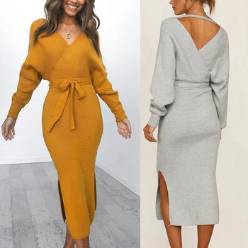 Ženské Knitwear Jeseň Šaty Žien 2020 Zimné Sexy tvaru Krajky-up Long Sleeve Pletené Šaty dámske Šaty