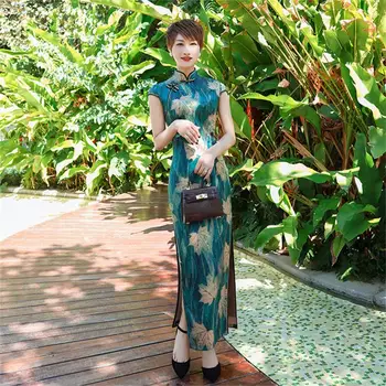 Zelená Tradičné Čínske Šaty Mujer Vestido Žien Satin Qipao Dlho Cheongsam Plus Veľkosť M L XL XXL XXXL