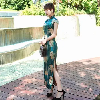 Zelená Tradičné Čínske Šaty Mujer Vestido Žien Satin Qipao Dlho Cheongsam Plus Veľkosť M L XL XXL XXXL