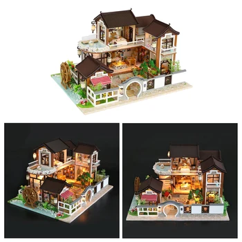 DIY domček pre bábiky Miniatúrne Auta s Nábytku, 3D Drevené Miniatúrne Dom Čínsky Štýl Chata Villa, Miniatúrne Bábiky Dom auta
