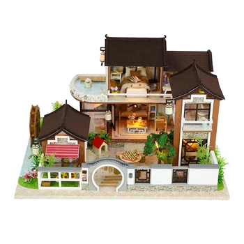 DIY domček pre bábiky Miniatúrne Auta s Nábytku, 3D Drevené Miniatúrne Dom Čínsky Štýl Chata Villa, Miniatúrne Bábiky Dom auta