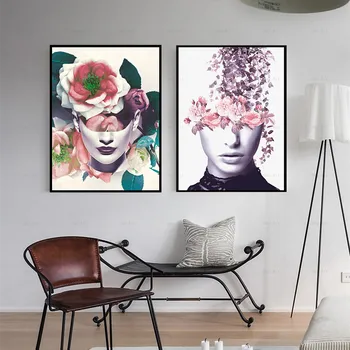 Abstrakt Plagáty, Obrázky Plátno na Maľovanie Žena s Tvárou, Ružové a Fialové Kvety Vytlačí Wall Art Obývacia Izba Domova