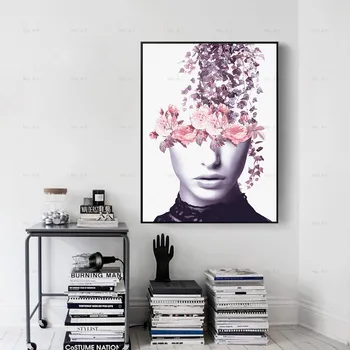 Abstrakt Plagáty, Obrázky Plátno na Maľovanie Žena s Tvárou, Ružové a Fialové Kvety Vytlačí Wall Art Obývacia Izba Domova