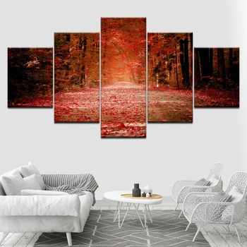 Na jeseň červená opadané lístie lesa plagát 5 kusov plátno, tapety moderné plagát modulárny umenie maľba obývacia izba domáce dekorácie